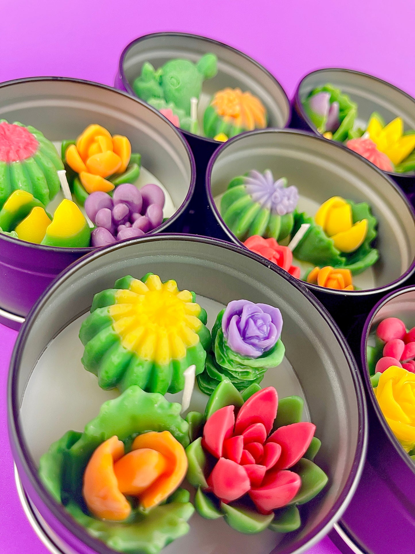 Large cactus art tin with green and purple roses plus orange and pink flower-shaped wax pieces