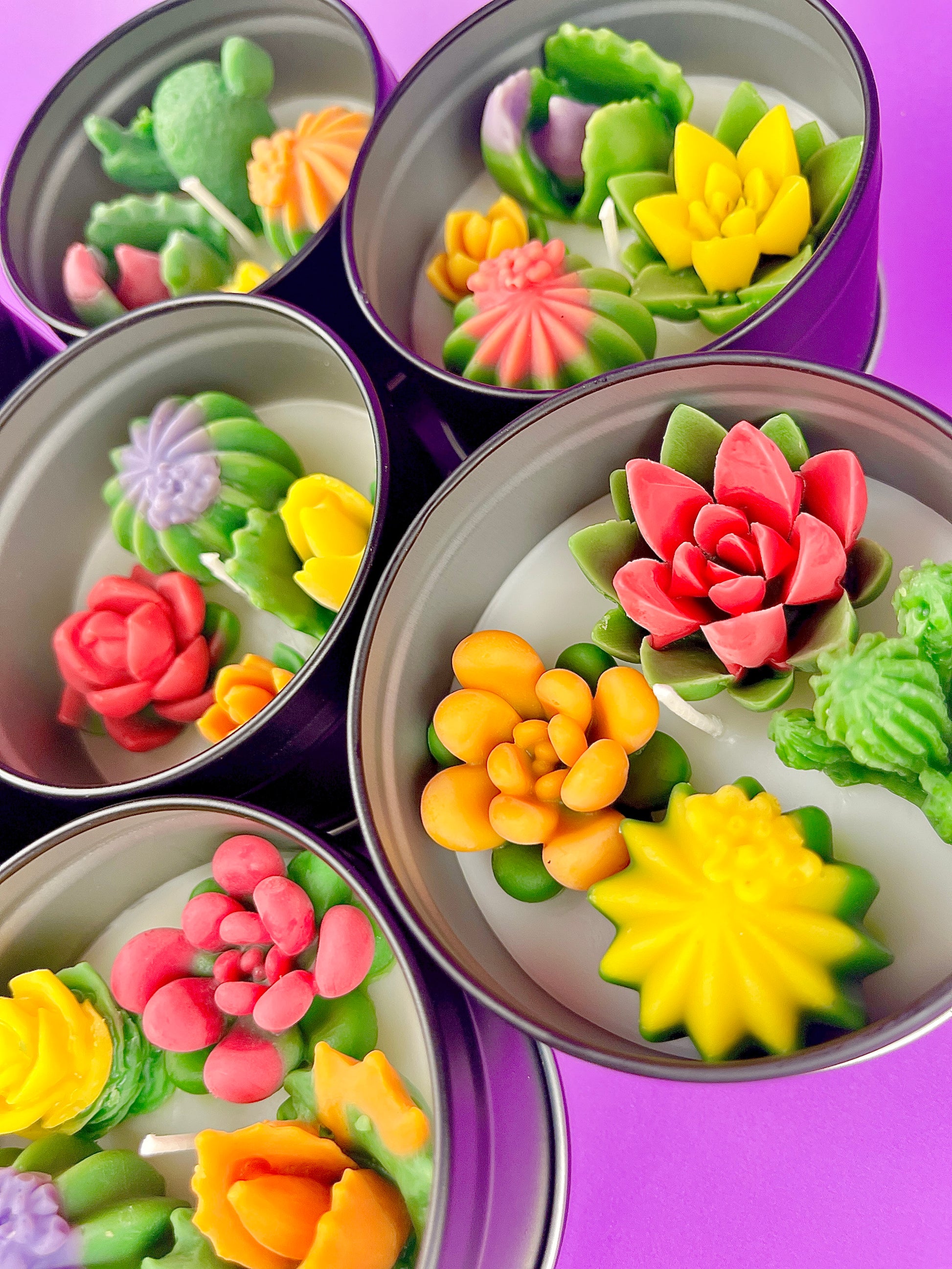Large cactus art tin with bright yellow, red, orange and green flower-shaped wax pieces