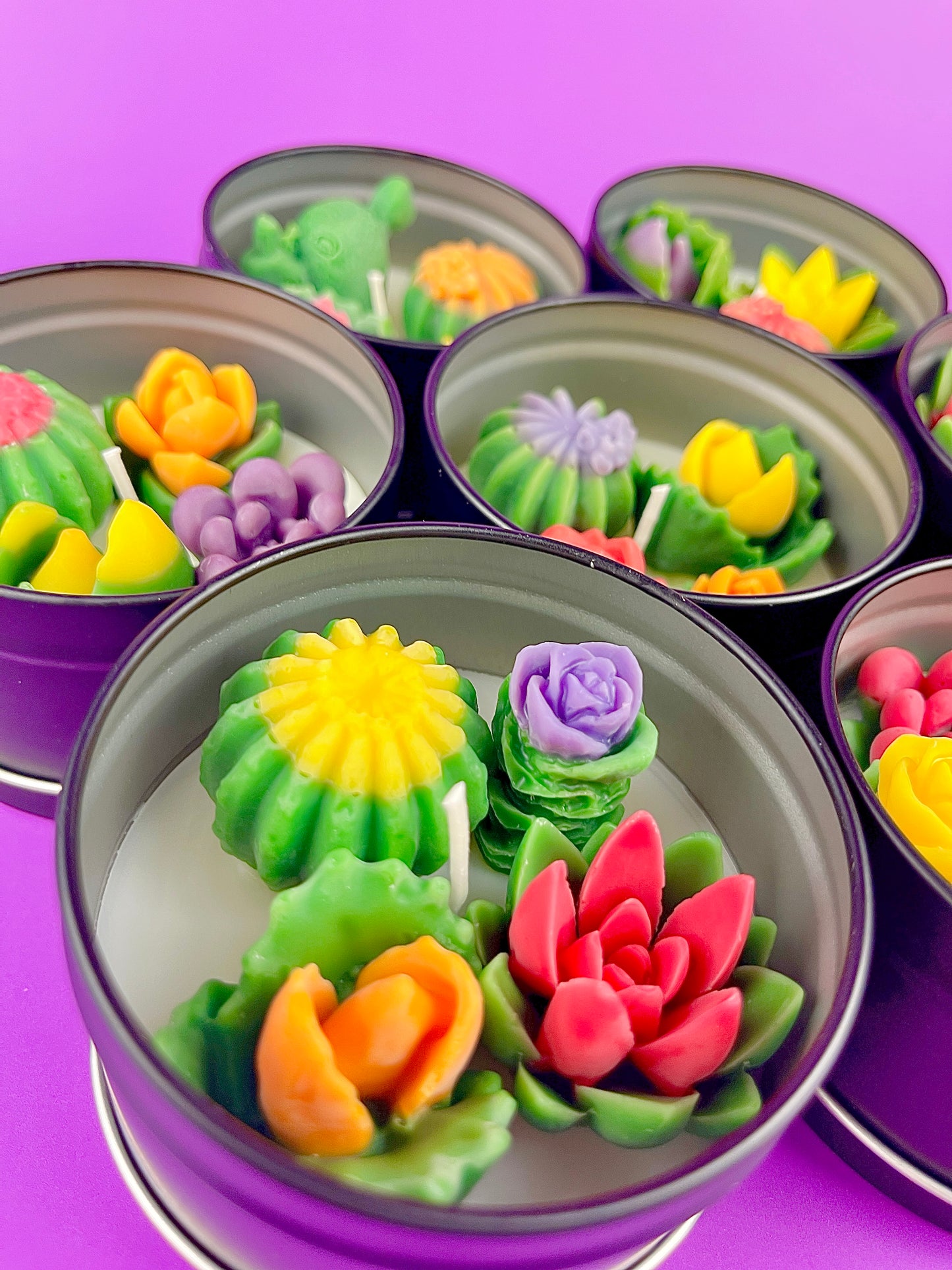 Large cactus art tin with assorted green, purple, yellow and pink flower-shaped wax pieces