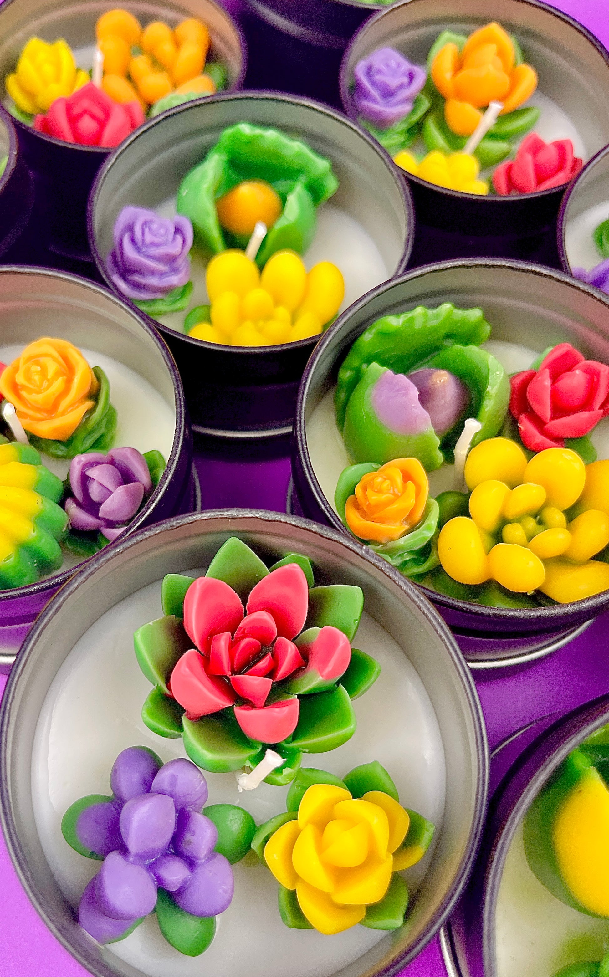 Small cactus art tin set with stacked cups of yellow, pink, purple, and green wax