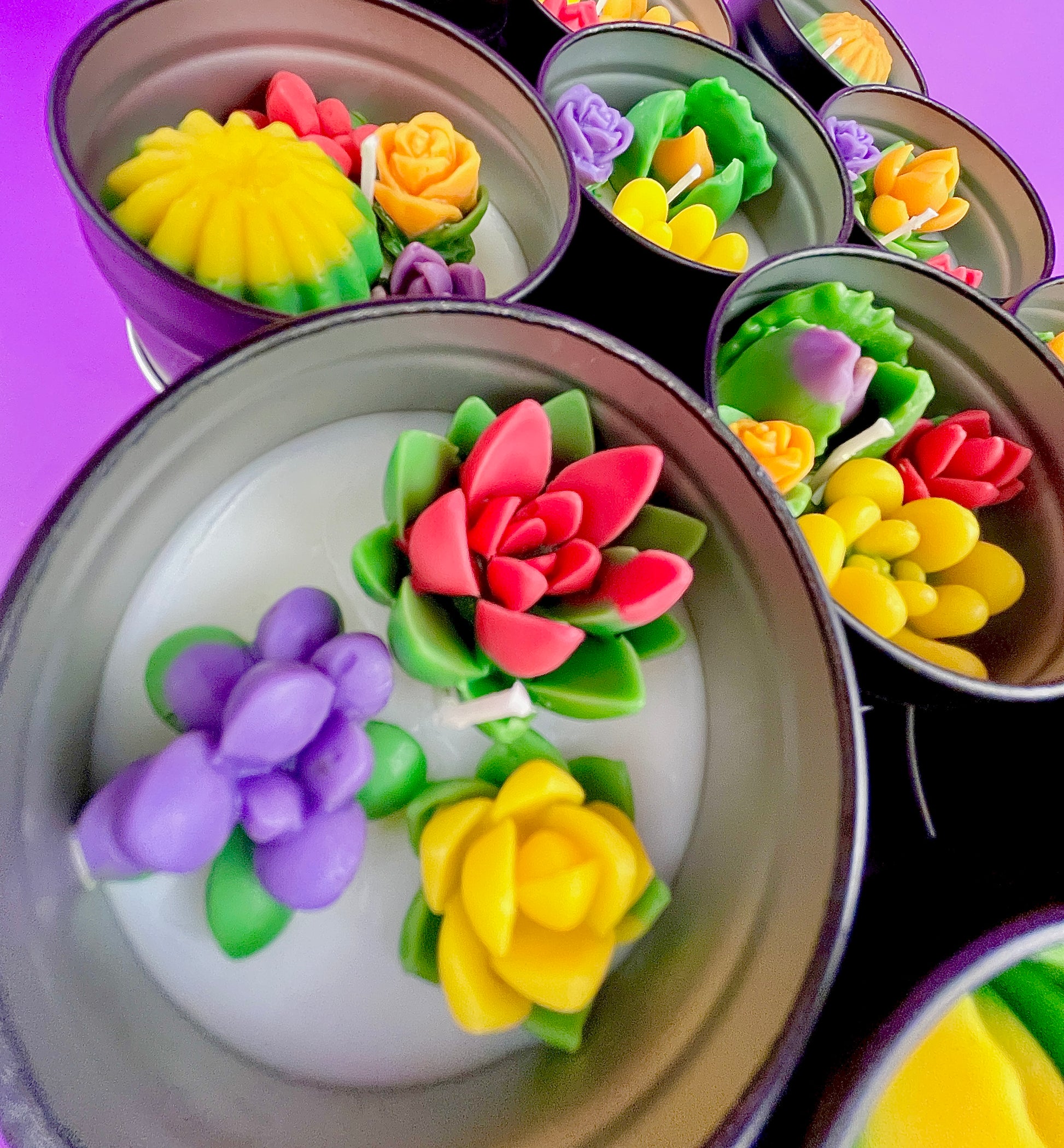 Small cactus art tin set featuring large yellow and pink flower wax pieces