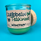 Recycled glass candle with green wax, cork base and lid edge, Caribbean Teakwood label