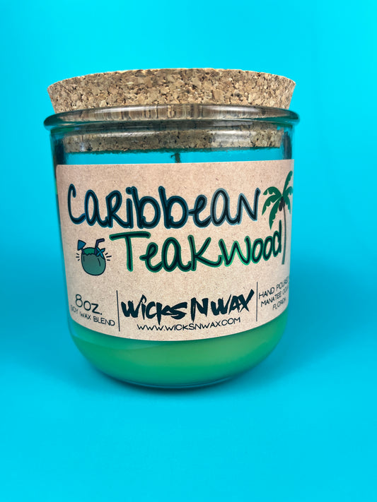 Recycled glass candle with green wax, cork lid, Caribbean Teakwood label, WicksNWax