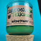 Recycled glass candle with green wax and cork base, Caribbean Teakwood label, WicksNWax