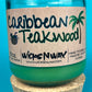 Recycled glass candle with green wax, cork lid ring, Caribbean Teakwood label, WicksNWax