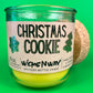 Christmas Cookie recycled-glass candle in green jar, cork lid and side view with label