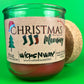 Christmas Morning recycled glass candle, side label with Christmas icons and text
