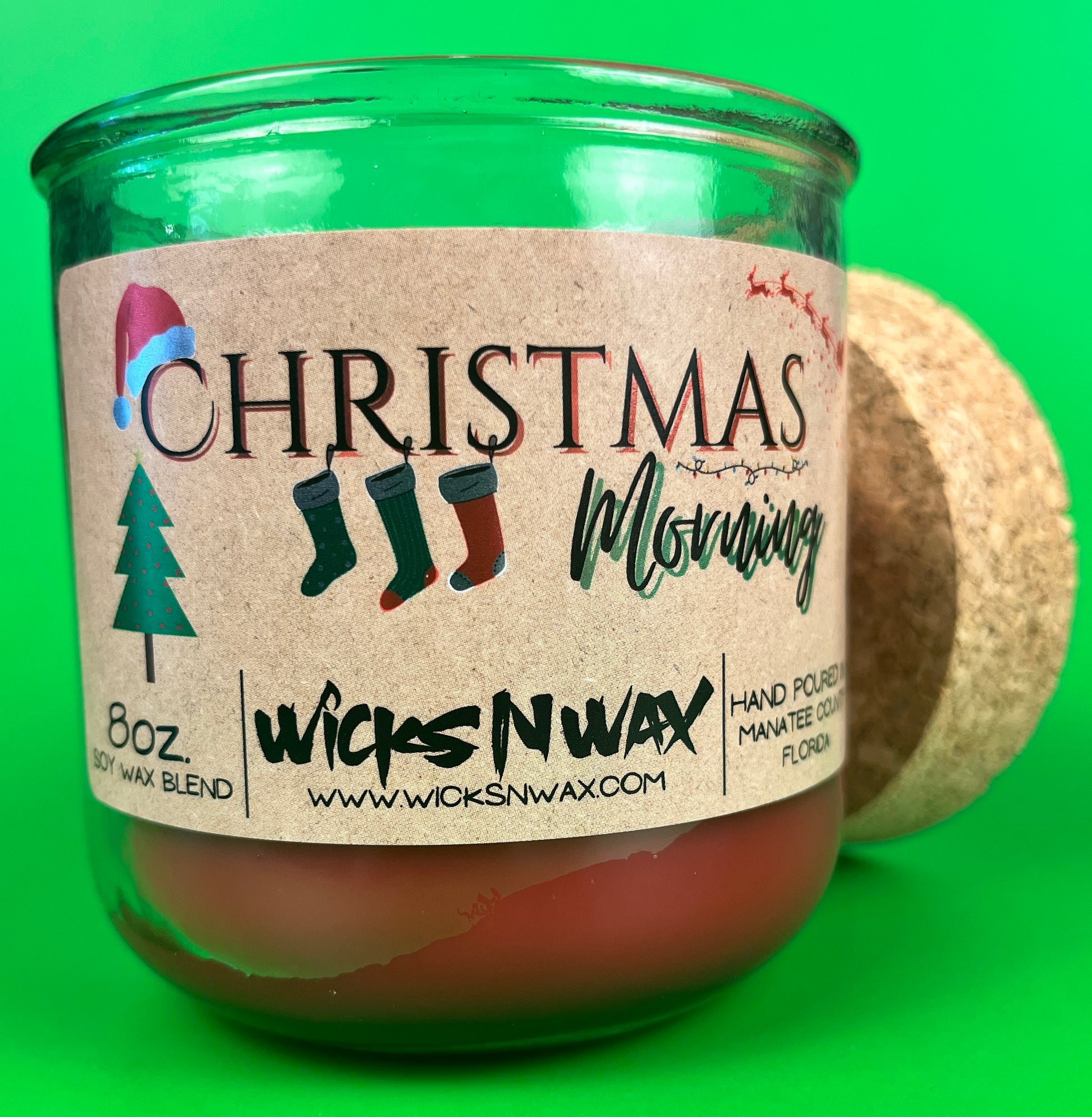 Christmas Morning recycled glass candle, side label with Christmas icons and text