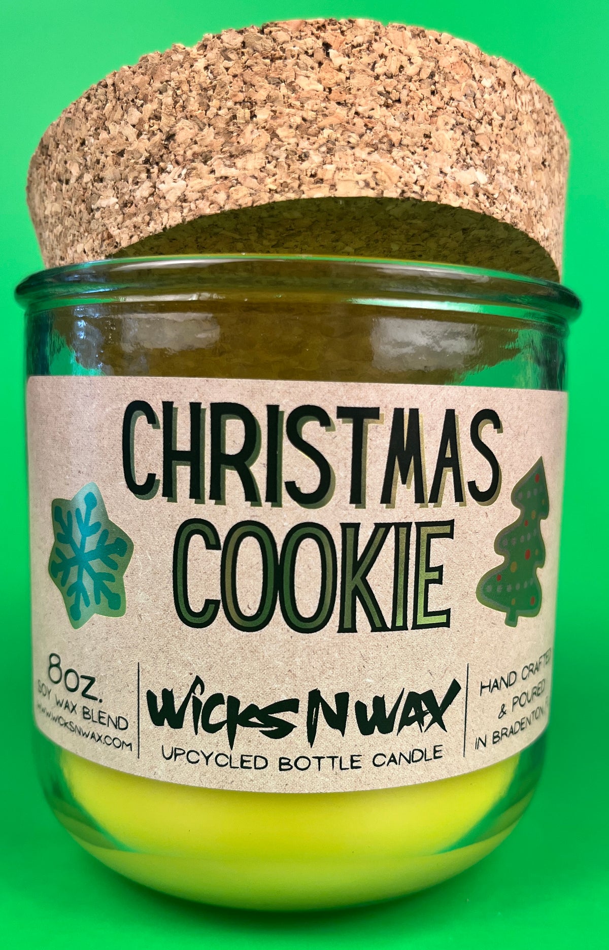 Christmas Cookie recycled-glass candle, green glass jar with cork lid and printed label