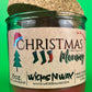 Christmas Morning recycled glass candle in green jar with cork lid and front label