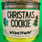 Christmas Cookie recycled-glass candle with front label, green glass jar and yellow wax