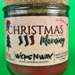 Christmas Morning recycled glass candle in green jar with full front label on wax