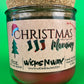 Christmas Morning recycled glass candle, front label with stockings and 'WicksNWax'