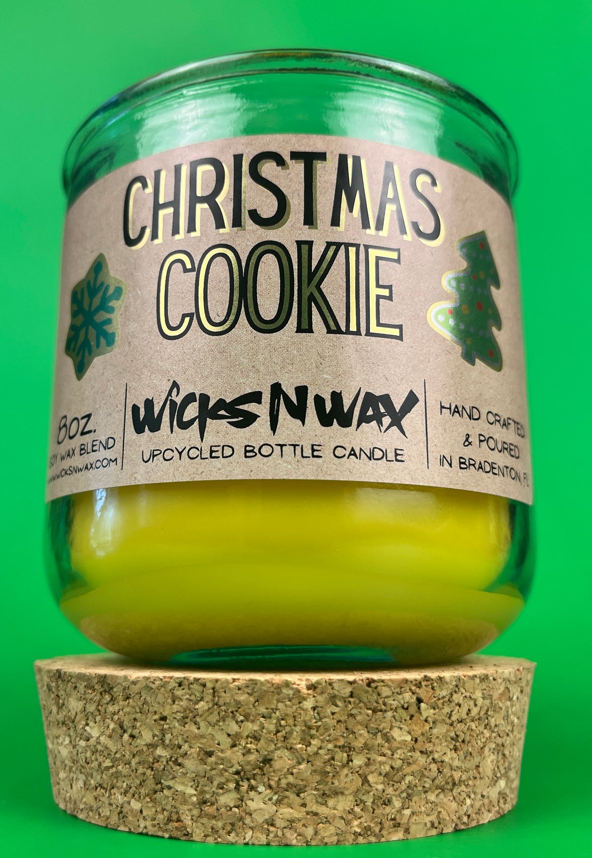 Christmas Cookie recycled-glass candle, green jar and cork base with yellow wax