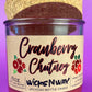 Recycled glass bottle candle with cork lid, magenta wax, Cranberry Chutney label on front