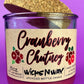 Recycled glass bottle candle with cork lid, magenta wax, Cranberry Chutney label centered