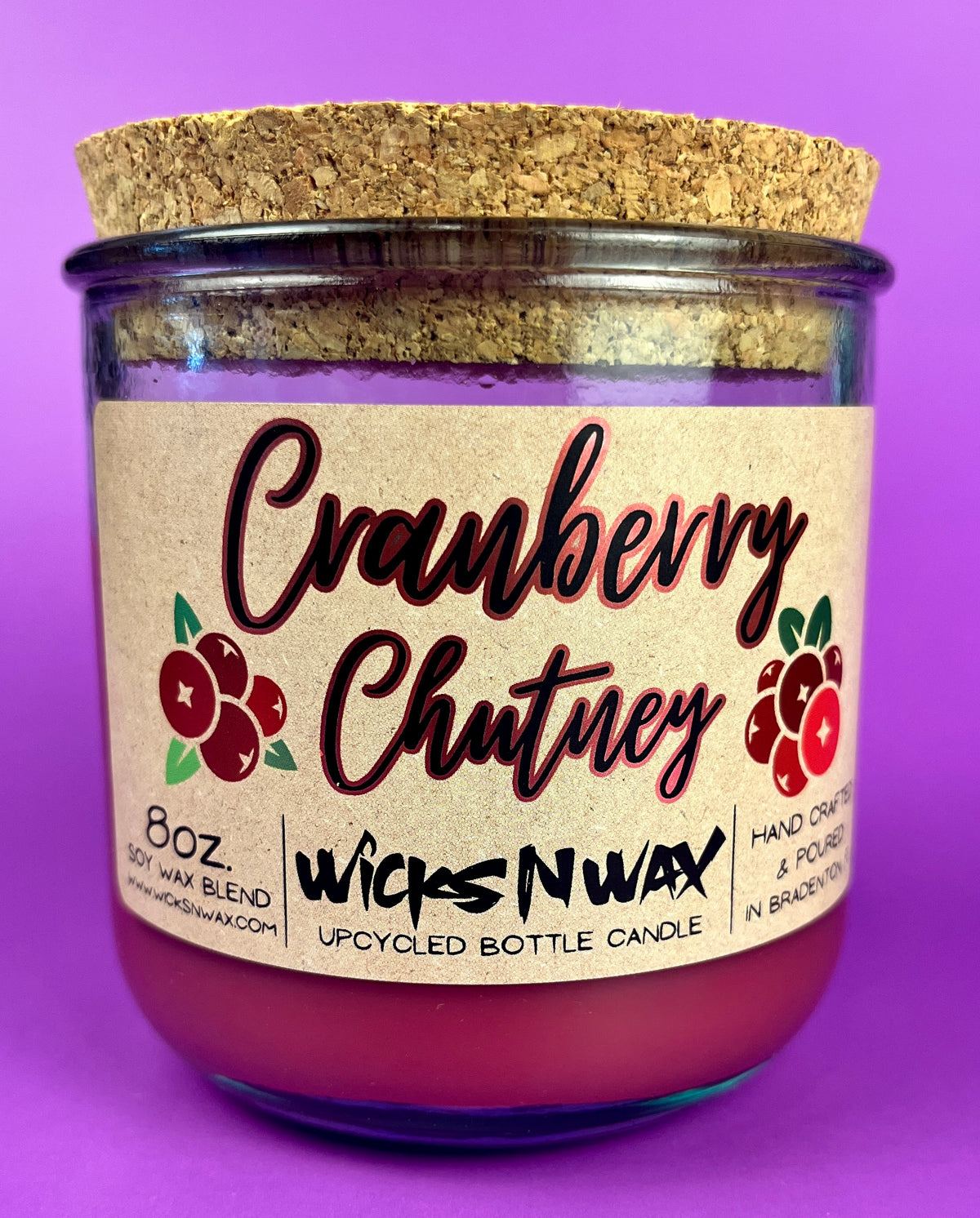 Recycled glass bottle candle with cork lid, magenta wax, Cranberry Chutney label