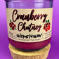 Recycled glass bottle candle with cork base and cork lid, magenta wax, Cranberry Chutney label