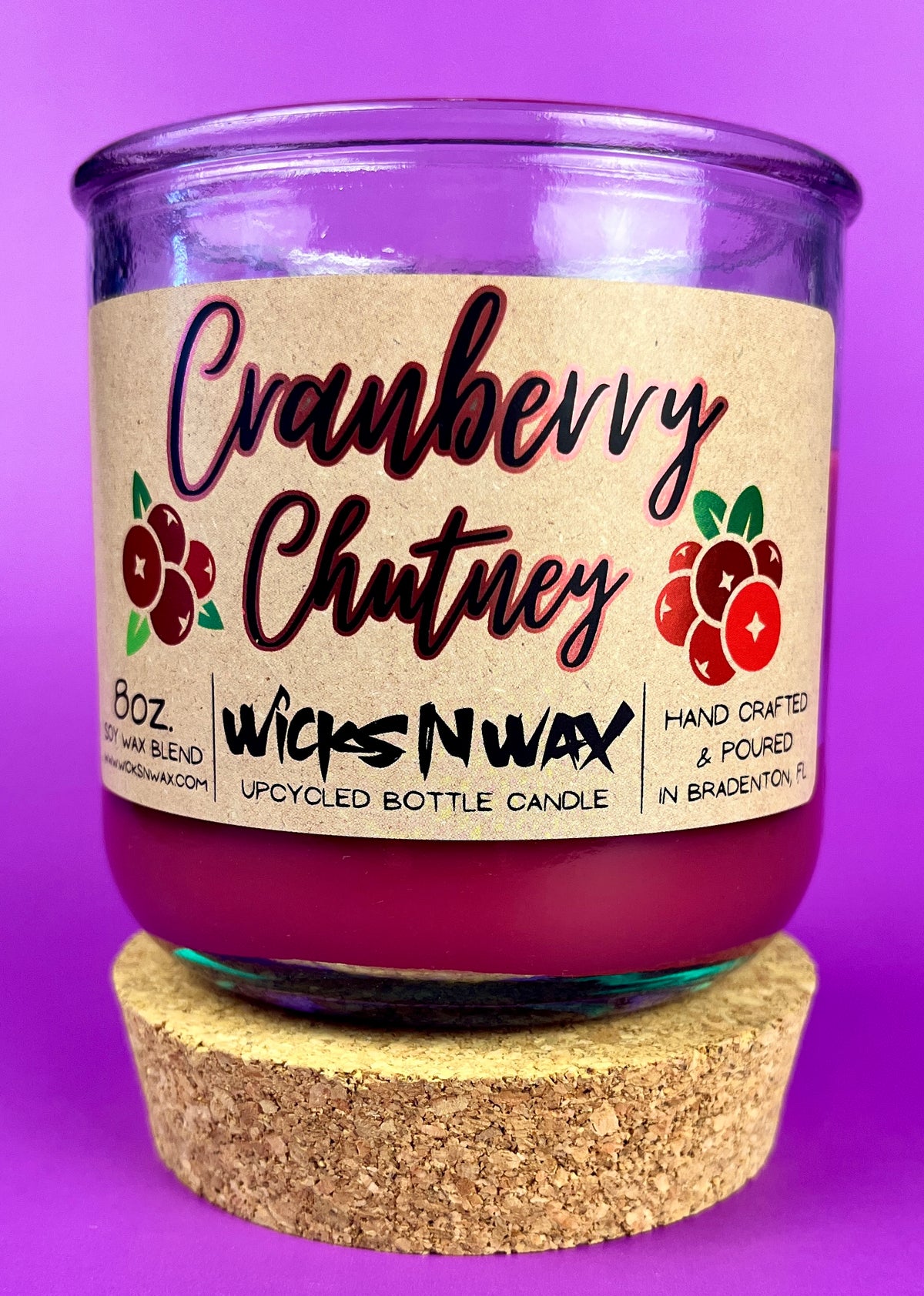 Recycled glass bottle candle with cork base and cork lid, magenta wax, Cranberry Chutney label