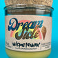 Recycled glass candle jar with cork base, yellow-green wax, printed label