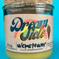 Recycled glass candle jar with cork base, yellow-green wax, printed label