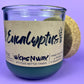 Eucalyptus recycled glass candle with cork lid; WicksNWax label; dark green wax