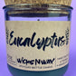 Eucalyptus recycled glass candle, dark green wax jar with front label and cork lid