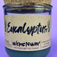 Eucalyptus recycled glass candle with cork lid; WicksNWax label in dark green glass