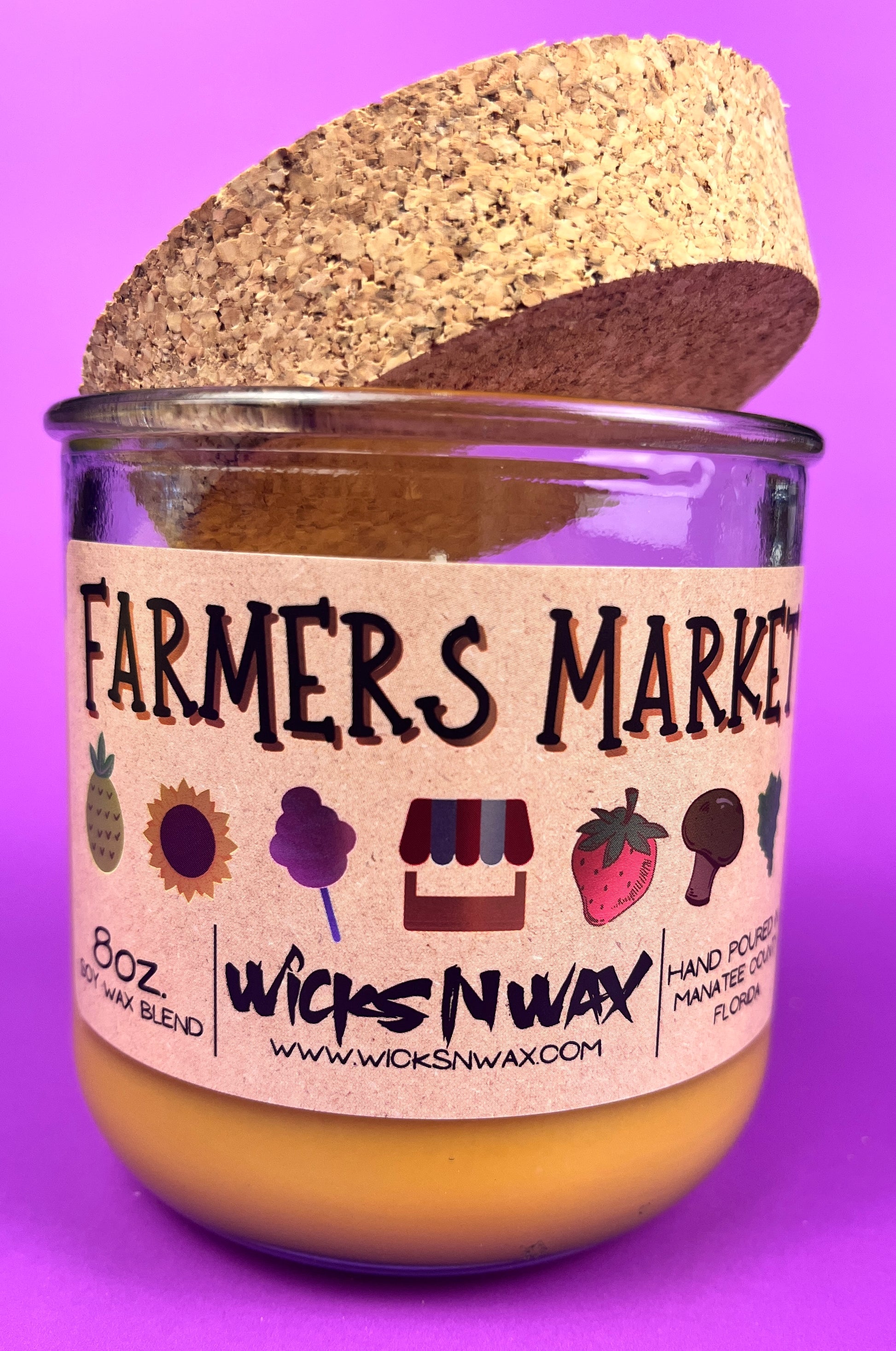 Recycled glass candle with cork lid and Farmers Market label, amber wax in jar