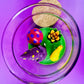 Garden gnome candle: top view with purple gnome, red mushroom and green wax pool