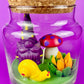 Garden gnome art candle in clear glass jar with purple gnome, mushrooms, and flower figurines