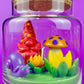 Garden gnome art candle jar with green wax base, colorful mushrooms, and purple gnome