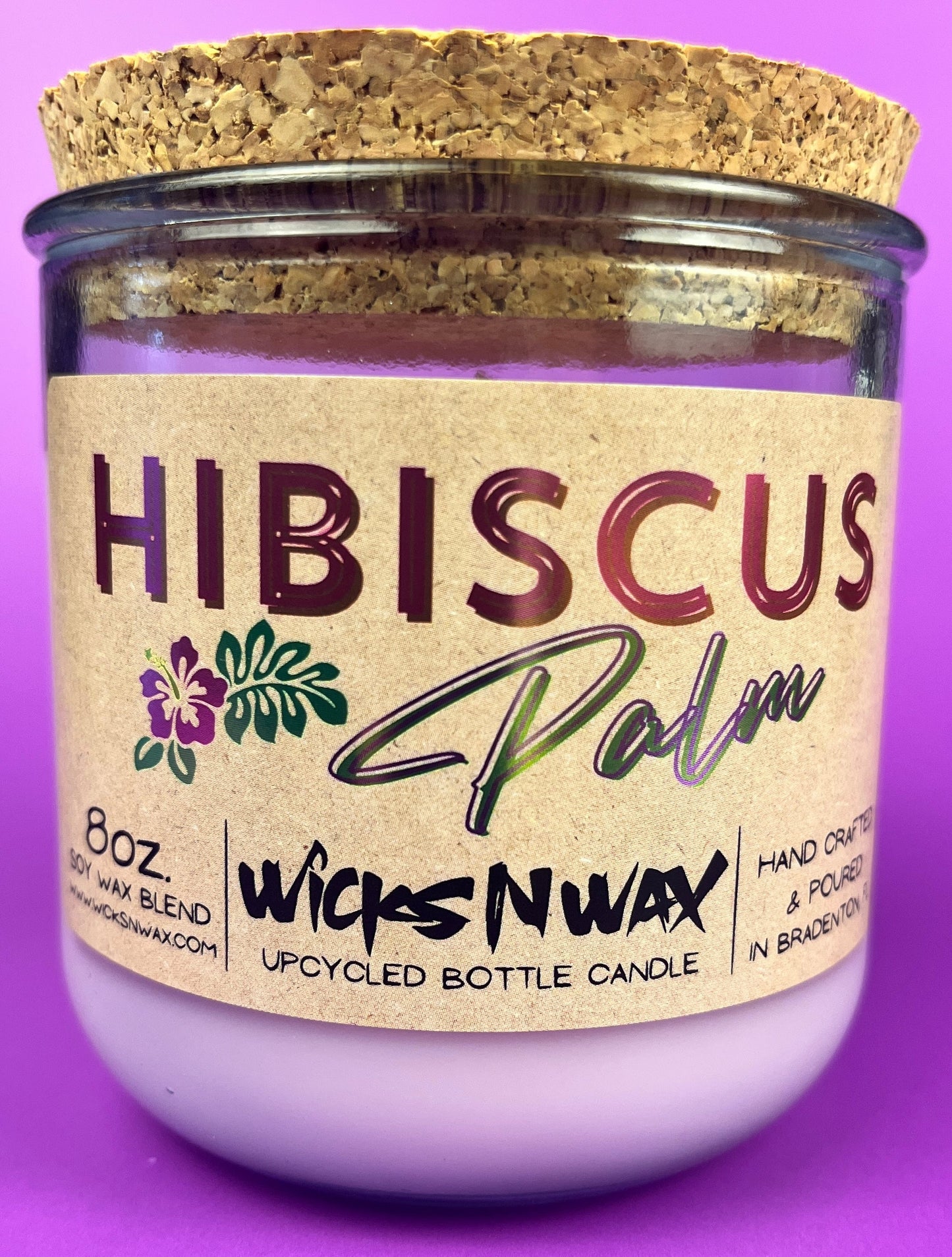 Hibiscus Palm recycled glass candle in frosted jar with printed label
