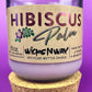 Recycled glass candle in purple jar with cork coaster and Hibiscus label