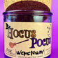Purple recycled glass candle with cork lid and printed Hocus Pocus WicksNWax label