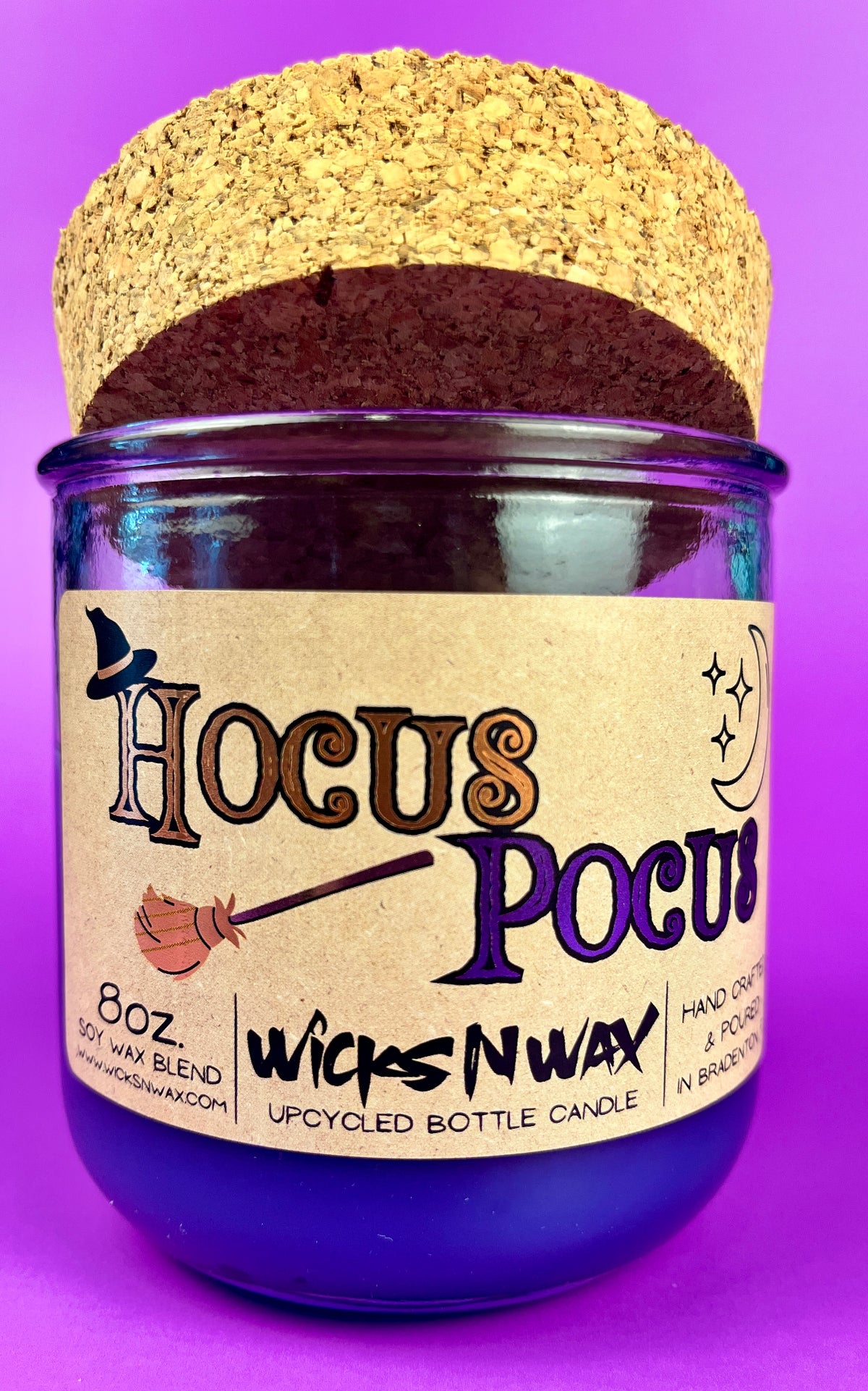 Purple recycled glass candle with cork lid and printed Hocus Pocus WicksNWax label