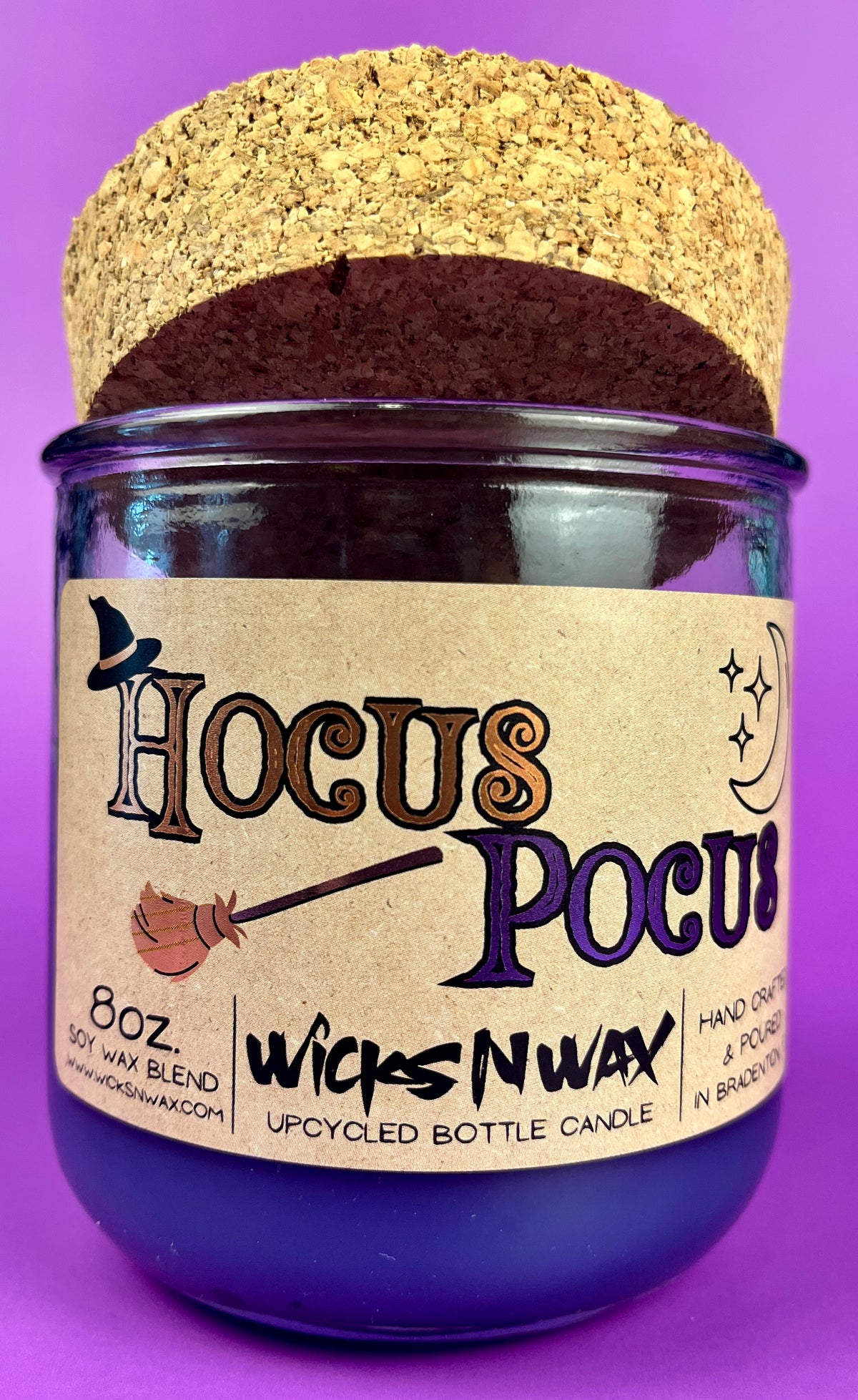 Purple glass candle jar with cork lid, printed Hocus Pocus label