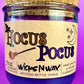 Recycled glass candle with cork lid, dark purple wax, WicksNWax Hocus Pocus label