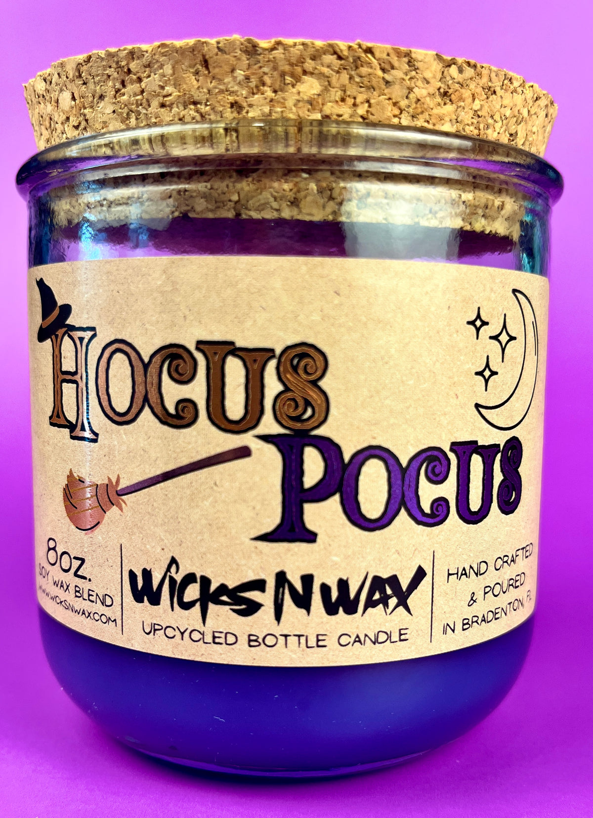 Recycled glass candle with cork lid, dark purple wax, WicksNWax Hocus Pocus label