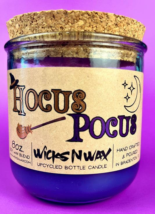 Recycled glass candle with cork lid, dark purple wax, WicksNWax Hocus Pocus label
