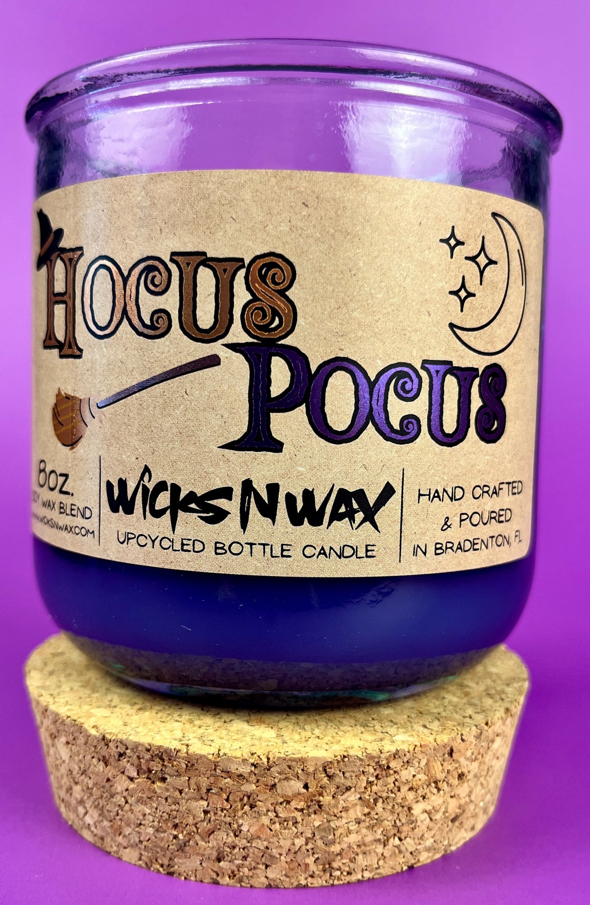 Purple candle jar with cork base and kraft label for WicksNWax Hocus Pocus