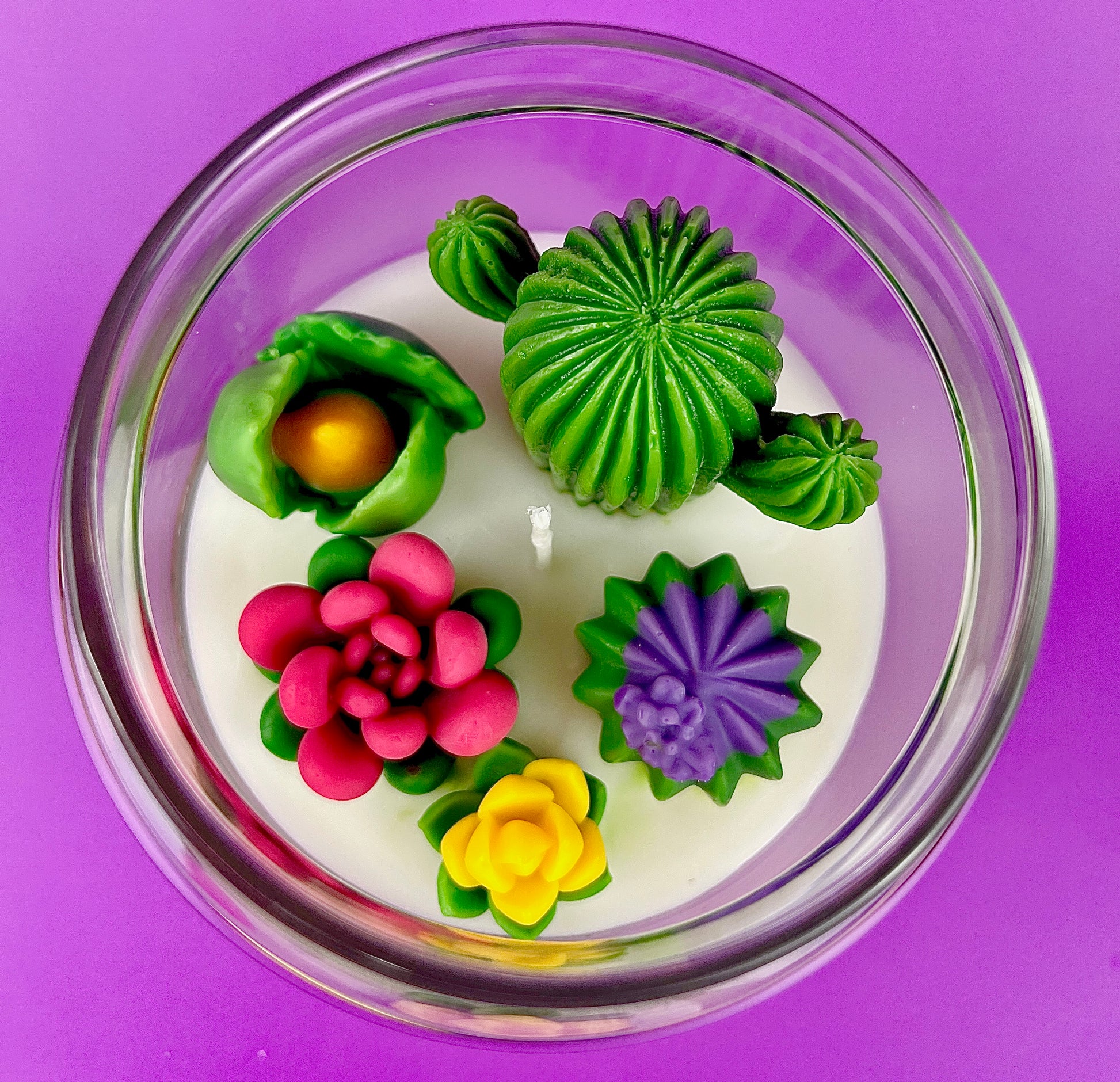 Cactus art candle lid-top view: white wax with green cactus and pink and purple blooms