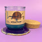 Recycled glass candle in blue wax, cork lid and coaster set, front label visible