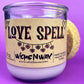 Recycled glass Love Spell candle with kraft label and dark purple heart design