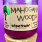Recycled glass candle with burgundy wax, cork base, Mahogany Woods label