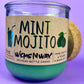 Mint Mojito bottle candle in mint-green glass jar with printed label and clear top