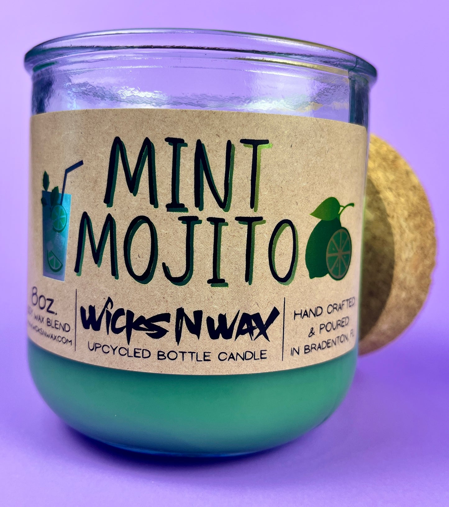 Mint Mojito bottle candle in mint-green glass jar with printed label and clear top