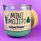 Mint Mojito bottle candle in mint-green glass jar with printed label and clear top