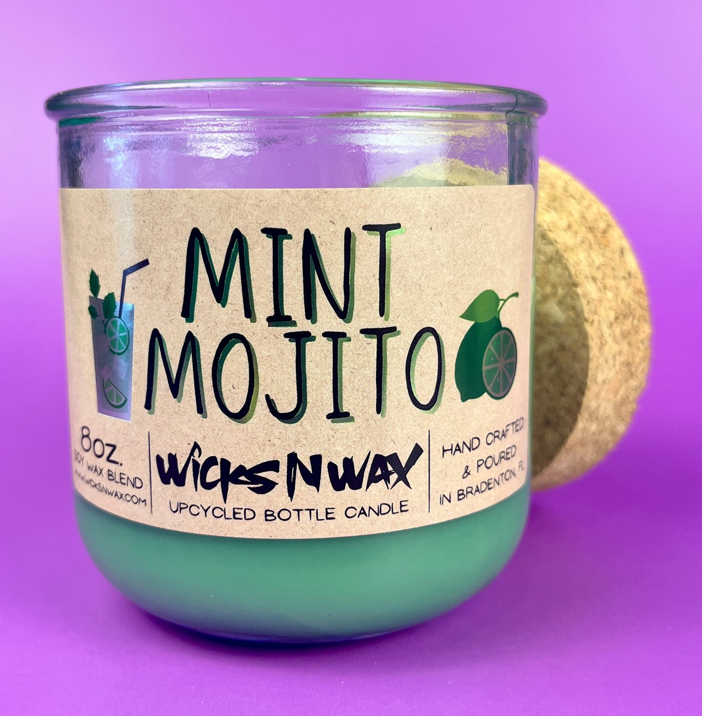 Mint Mojito bottle candle in mint-green glass jar with printed label and clear top