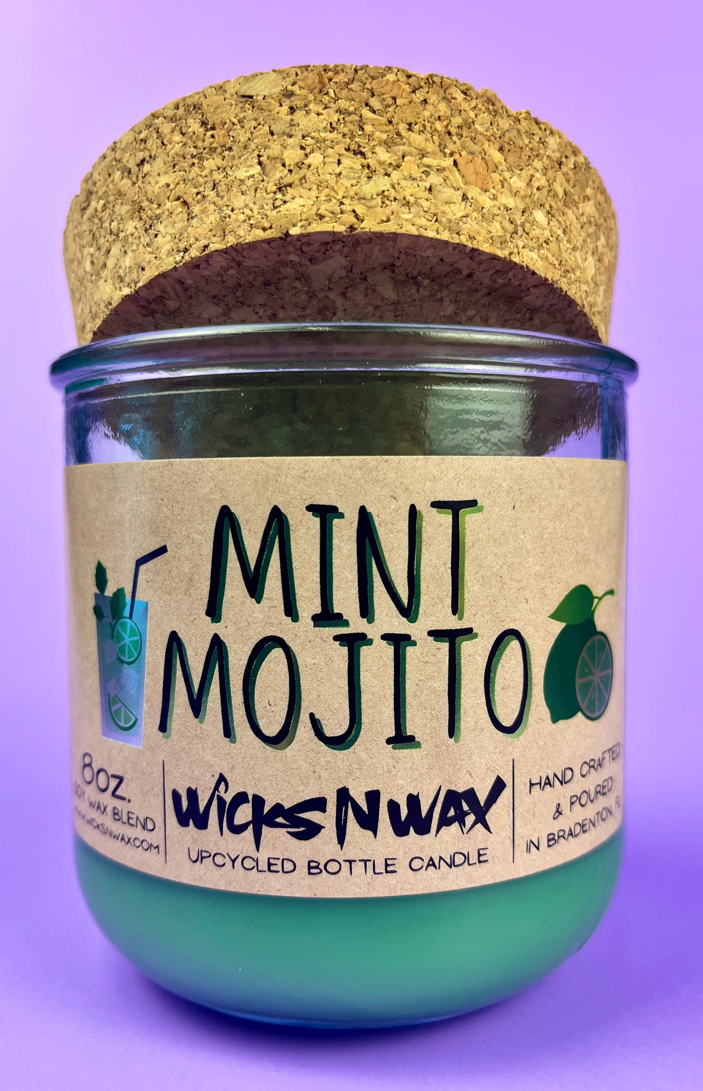 Mint Mojito bottle candle in mint-green glass jar with cork lid and printed label
